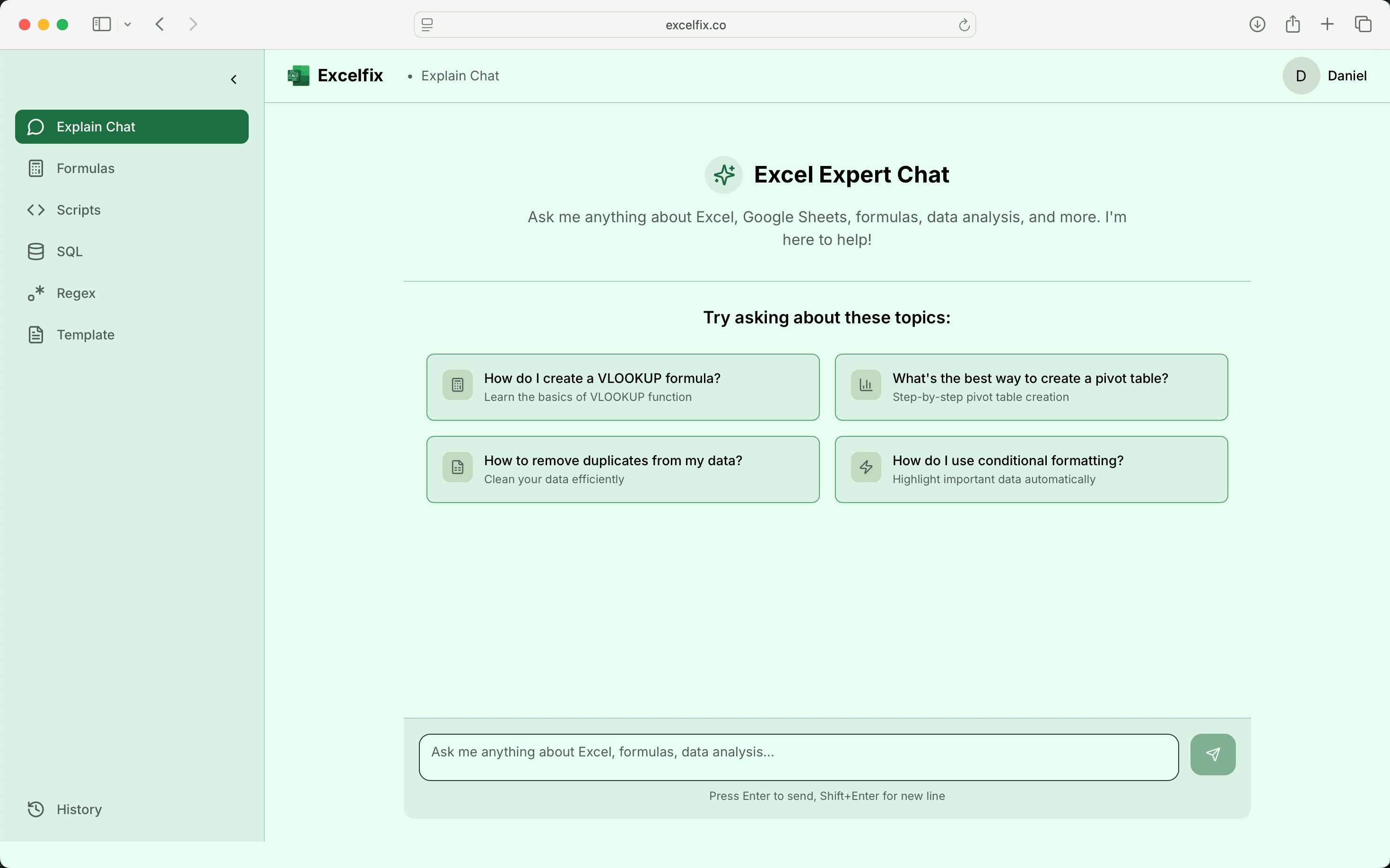 Excelfix Dashboard - Excel Expert Chat Interface showing AI-powered spreadsheet assistance with sidebar navigation and interactive interface