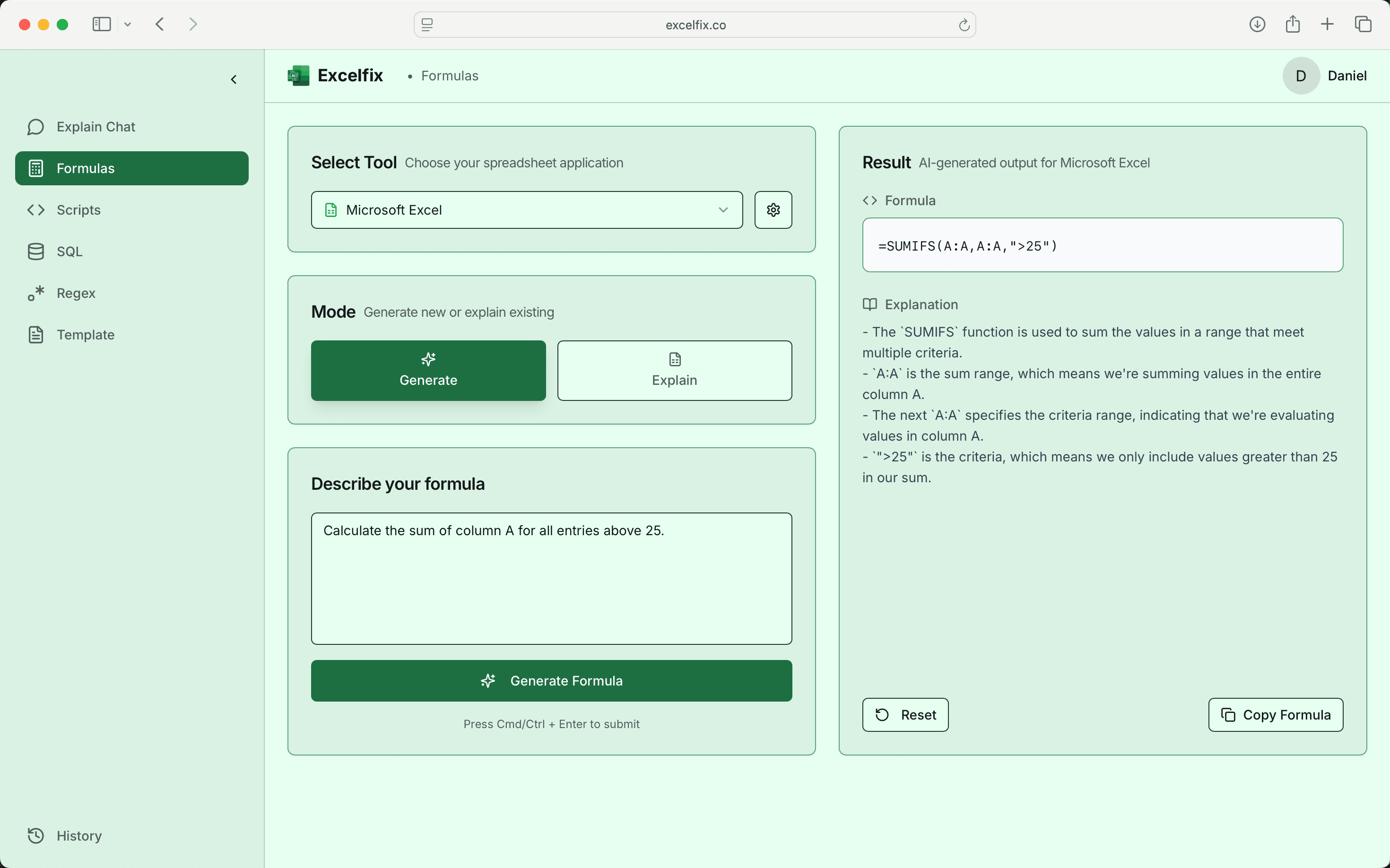 Excelfix Dashboard - Advanced Features showing AI-powered spreadsheet assistance with sidebar navigation and interactive interface